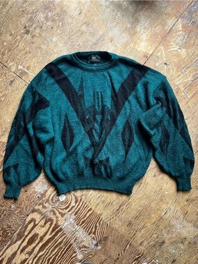 Sears Teal and Black Geometric Crewneck Sweater